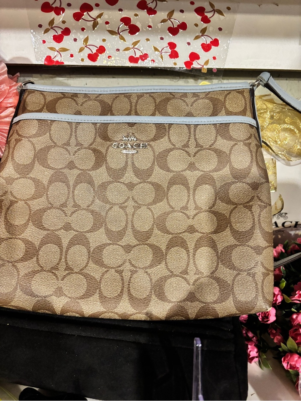 Coach Signature Jacquard Crossbody Bag in Khaki/Light Blue